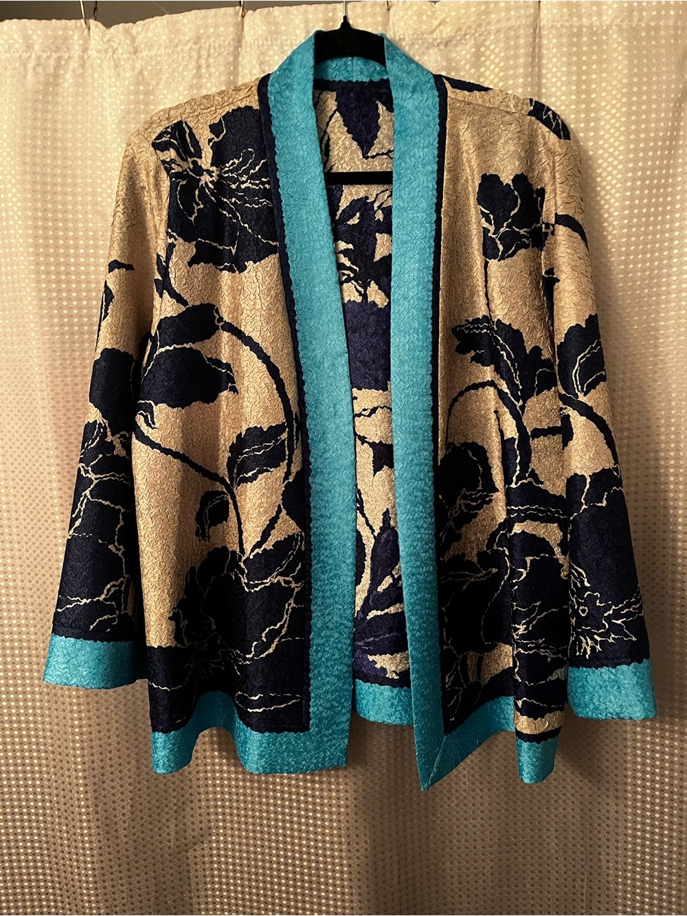 Floral Open-Front Reversible Women's Short Kimono in Navy and Turquoise - Picture 3 of 3